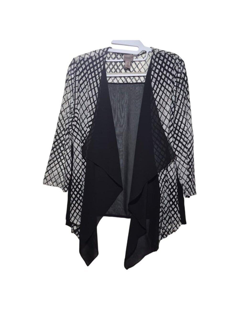 Black & White Diamond Print Open Front Cardigan Sheer Draped Lightweight Size 1